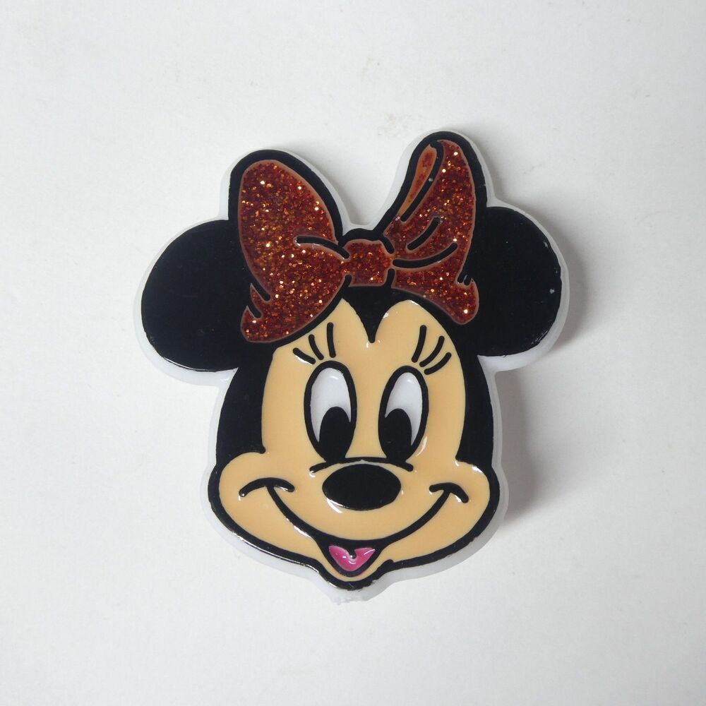 Minnie Mouse Head Pin Plastic w/Red Glitter Bow Vintage Disney 1980s 1990s